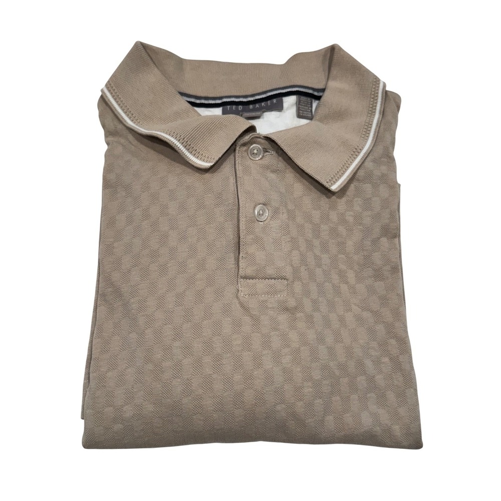 Ted Baker Mens XL Polo Shirt Tan Beige Textured Geometric Jacquard Short Sleeve